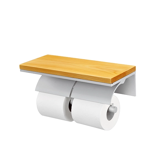 Porte-papier hygiénique double avec étagère en bois (aluminium avec anodisation)